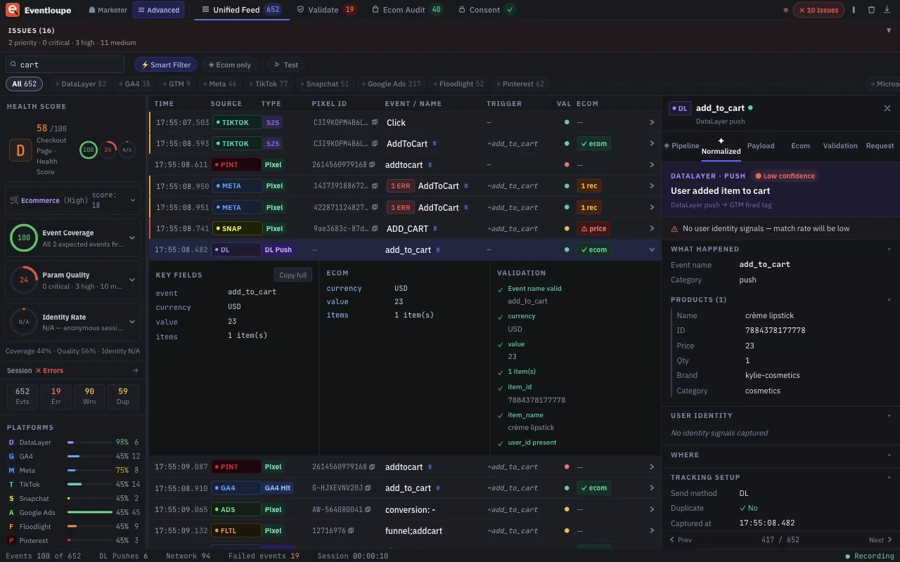 Eventloupe panel listing an add-to-cart event captured across several platforms on a live store